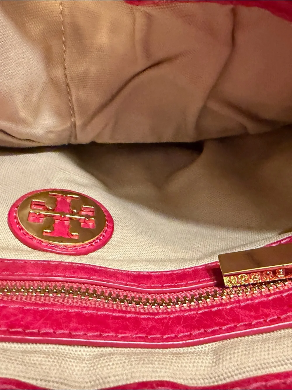 Vintage Tory Burch Fuchsia Distressed Leather Shoulder Bag with Gold Chain